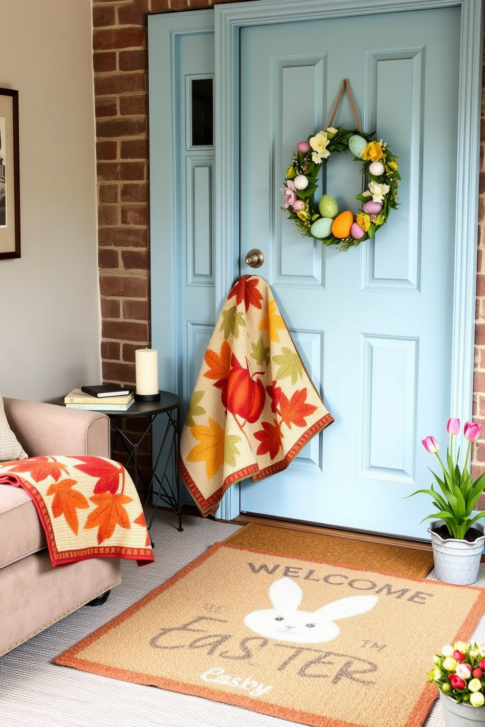 A cozy living room with a seasonal touch. A plush armchair is adorned with a quilt featuring autumn leaves in warm hues, draped casually over the backrest. Next to the chair, a small side table holds a pumpkin-scented candle and a stack of books. An inviting front door ready for Easter celebrations. The door is painted a soft pastel blue, adorned with a wreath made of colorful Easter eggs and spring flowers. A charming welcome mat with bunny motifs lies at the doorstep, and a pair of potted tulips flank the entrance.