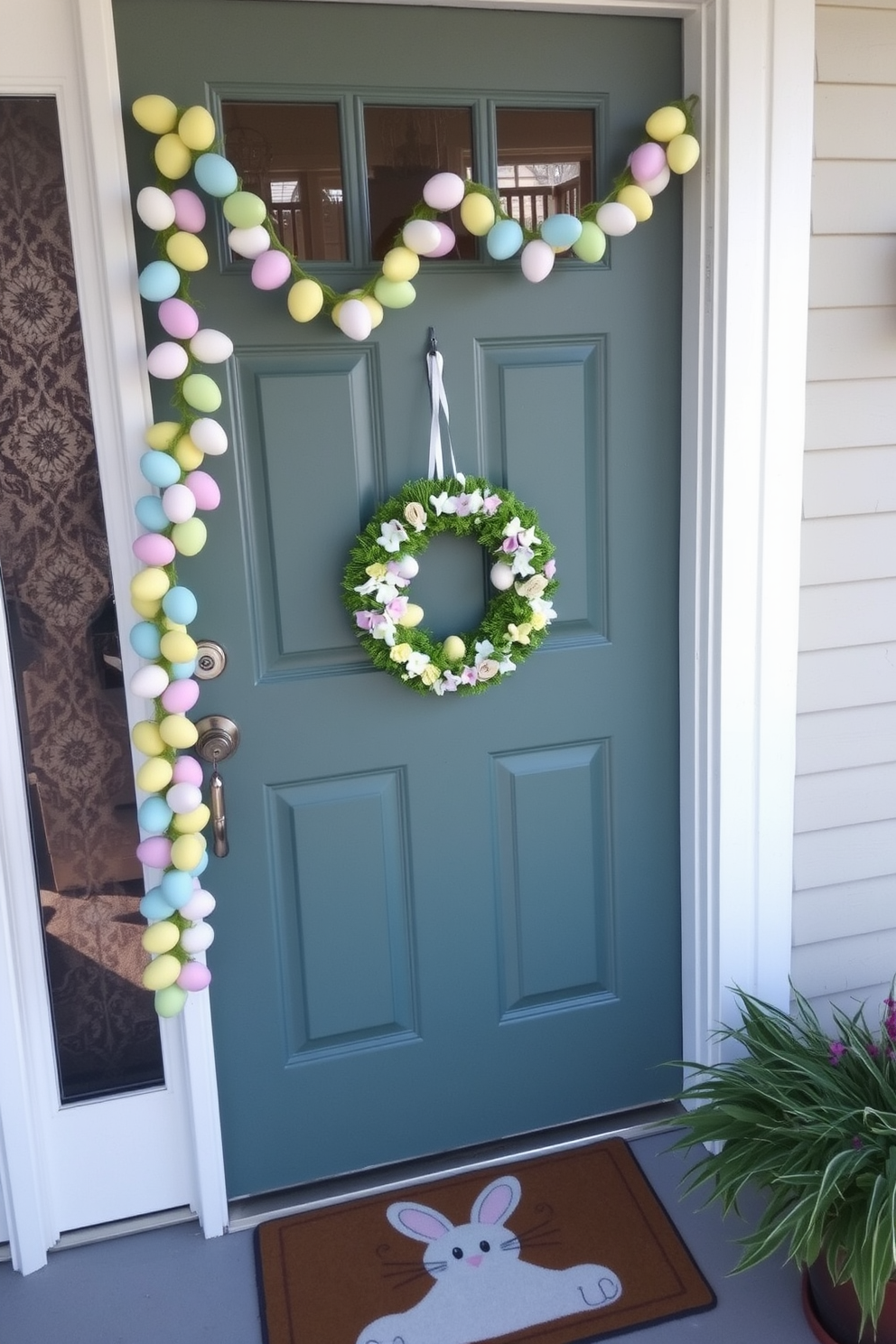 A welcoming front door decorated for Easter. A colorful Easter egg garland drapes gracefully across the door, with pastel eggs in shades of pink, blue, yellow, and green. A cheerful wreath made of faux flowers and miniature Easter eggs hangs in the center of the door. A charming doormat with a bunny design sits at the base, completing the festive look.