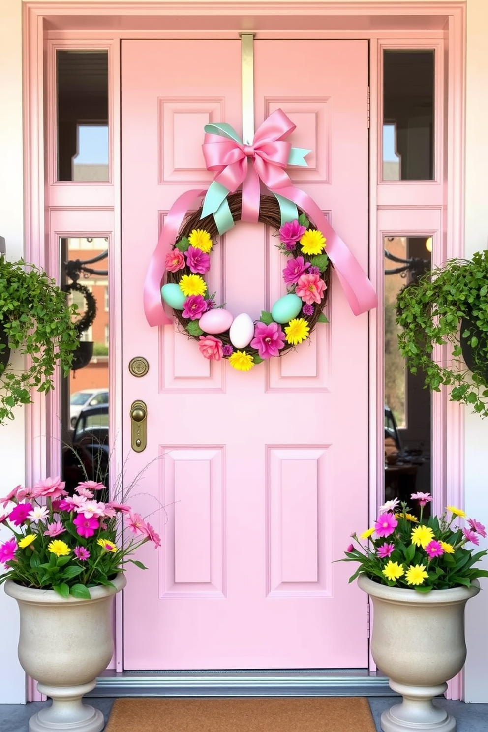 A charming front door decorated for Easter. A colorful ribbon wreath adorned with pastel-colored eggs and vibrant spring flowers hangs on the door, creating a welcoming and festive atmosphere. The door is painted a soft pastel color, complementing the wreath. Potted flowers and greenery are arranged on either side of the door, enhancing the cheerful Easter theme.