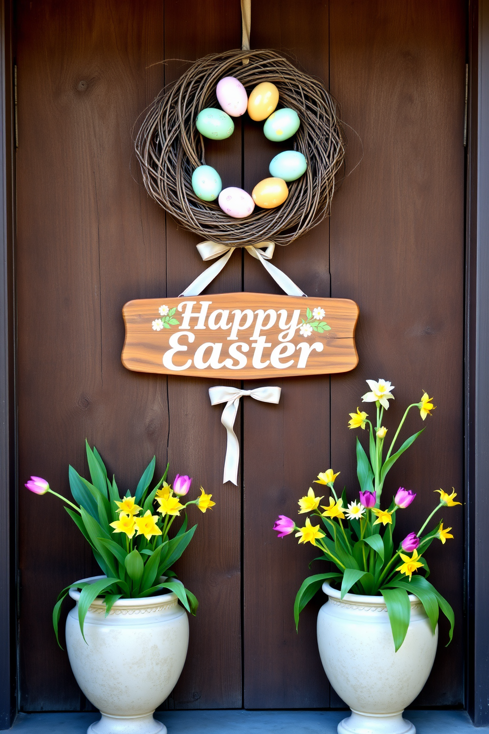 A charming wooden “Happy Easter” sign hangs on a rustic front door, welcoming guests with festive cheer. The sign is adorned with pastel-colored flowers and a delicate ribbon bow, adding a touch of springtime elegance. The door is flanked by two large potted plants, each filled with vibrant tulips and daffodils. A cheerful Easter wreath, made of intertwined twigs and decorated with colorful eggs, hangs above the sign, completing the inviting scene.