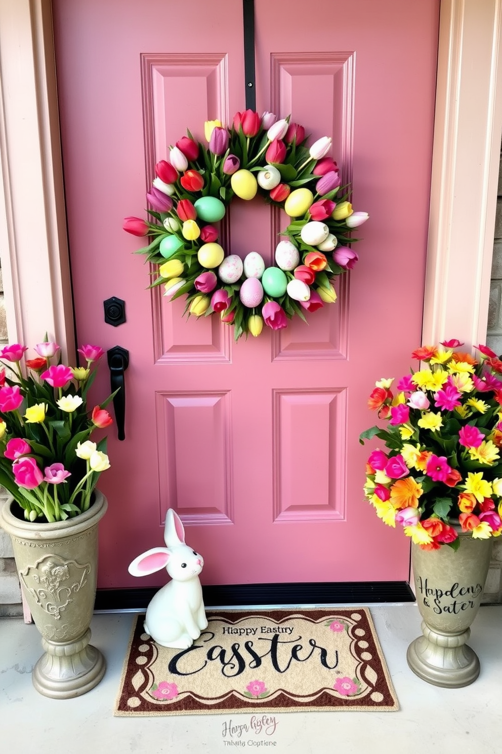 A welcoming front door adorned with a vibrant spring wreath made of fresh tulips in a decorative planter. The door is painted a soft pastel color, and a charming doormat with an Easter greeting completes the look. A festive Easter-themed front door featuring a large, colorful wreath made of faux eggs and fresh tulips in a decorative planter. The door is flanked by two tall planters filled with blooming spring flowers, and a playful bunny figurine sits beside the doormat.