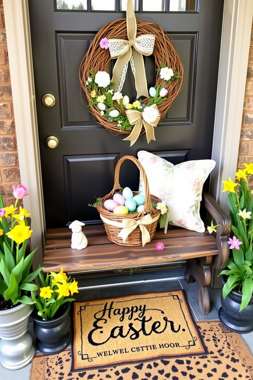 A charming Easter porch scene. A vintage-inspired basket filled with pastel-colored eggs, nestled in a bed of green moss, sits on a rustic wooden bench. The basket is adorned with a delicate lace ribbon, and beside it, a small ceramic bunny adds a whimsical touch. The porch is decorated with potted spring flowers, and a soft, floral-patterned cushion rests on the bench, inviting guests to sit and enjoy the festive display. A welcoming Easter-themed front door. A grapevine wreath, embellished with faux flowers, colorful eggs, and a burlap bow, hangs on the door. Flanking the entrance are two tall planters filled with blooming tulips and daffodils, adding a burst of color. A cheerful doormat with an Easter greeting completes the look, making the entrance both inviting and festive for the holiday season.