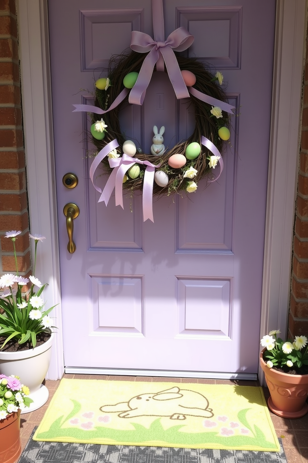 A charming front door setup for Easter. A whimsical door mat featuring a bunny design is placed at the entrance, surrounded by pastel-colored potted flowers. Above the door, a festive wreath adorned with eggs, ribbons, and small bunny figurines adds a touch of holiday cheer. The door itself is painted a soft lavender, complementing the springtime theme.