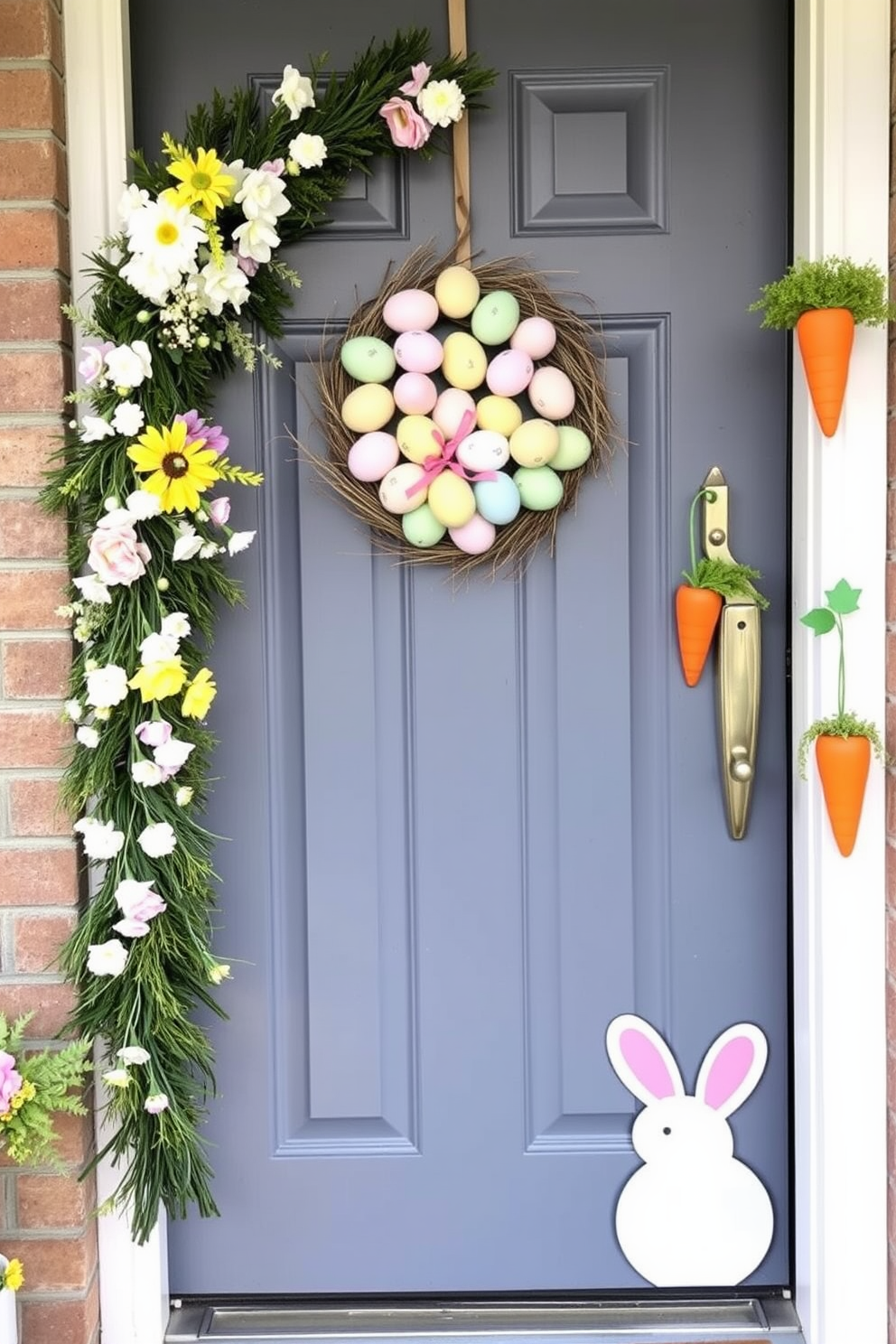 A charming front door adorned with Easter decorations. A wreath made of pastel-colored eggs hangs on the door, surrounded by a garland of spring flowers and greenery. To the side of the door, a pair of hanging carrot decorations add a playful and festive touch. A welcome mat with a bunny motif completes the cheerful and inviting entryway.