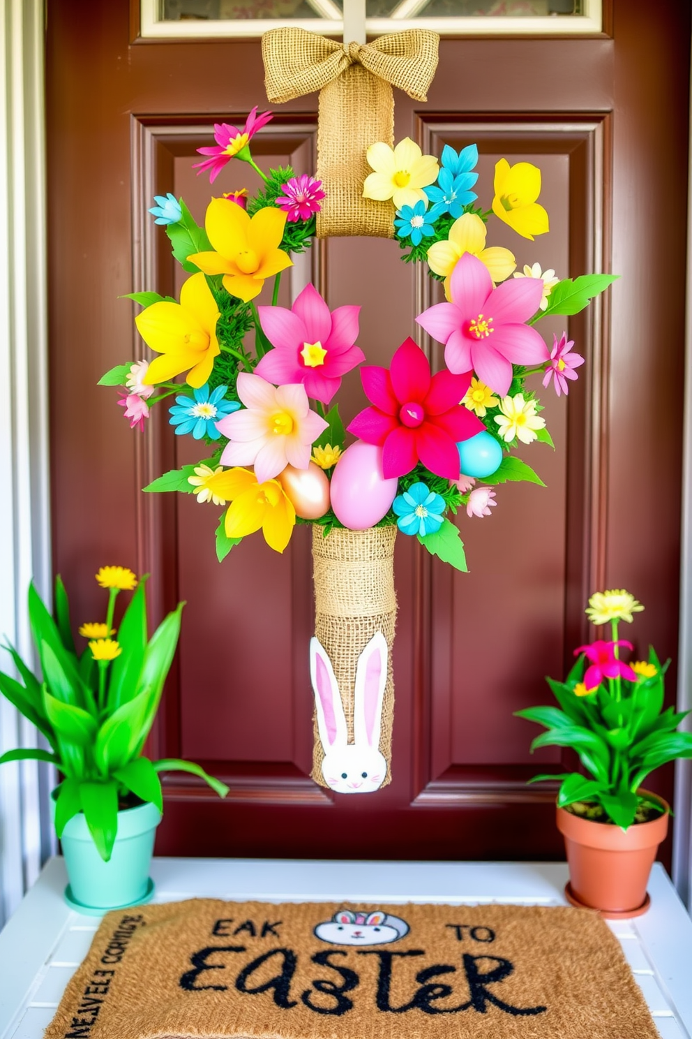 DIY paper flowers in vibrant hues. Create an assortment of paper flowers in bright colors like fuchsia, turquoise, and sunny yellow, using different types of paper and cutting techniques. Arrange these flowers in a handmade vase crafted from recycled materials, and place them on a white wooden table to bring a pop of color to any room. Front Door Easter Decorating Ideas. Adorn your front door with a whimsical Easter wreath made of pastel-colored eggs, faux flowers, and greenery, hanging from a rustic burlap ribbon. Complement the wreath with a charming welcome mat featuring a bunny design, and add a pair of potted spring flowers on either side of the door to complete the festive look.