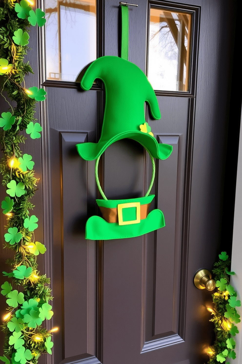 A charming front door adorned with a whimsical leprechaun hat door hanger, crafted from vibrant green felt and embellished with gold accents. Surrounding the door, cheerful St. Patrick's Day decorations include a garland of shamrocks and twinkling fairy lights, creating a festive and inviting atmosphere.