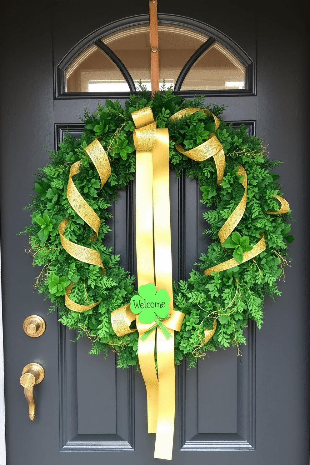 A welcoming front door adorned with a lush green and gold mesh wreath, perfect for celebrating St. Patrick's Day. The wreath features intricate gold accents intertwined with vibrant green foliage, creating a festive and elegant entrance.