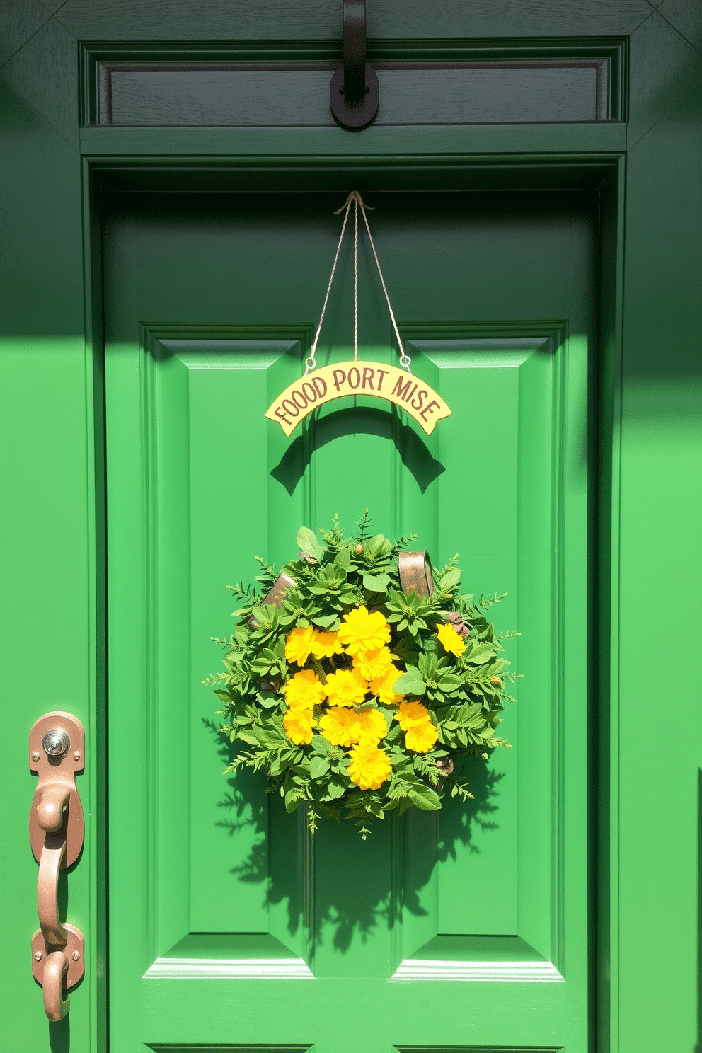 A charming front door adorned with a lucky horseshoe door hanger, symbolizing good fortune and welcoming vibes. The door is painted a vibrant green, complemented by a festive St. Patrick's Day wreath made of lush greenery and cheerful yellow flowers.