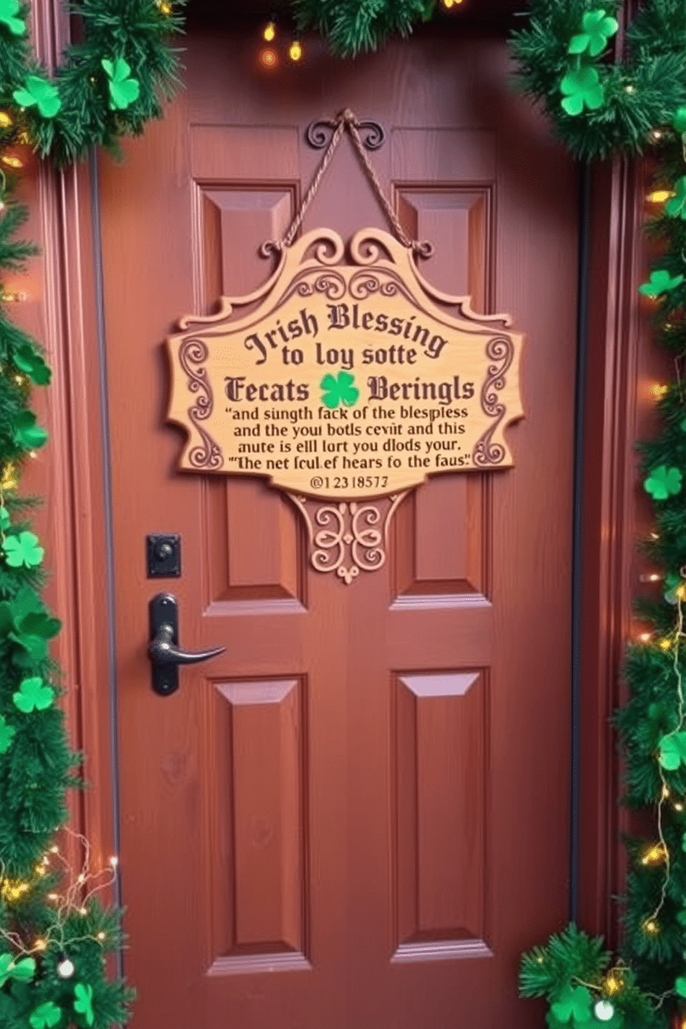 A charming front door adorned with an Irish blessing wooden sign, featuring intricate carvings and a warm, rustic finish. Surrounding the door, vibrant green garlands and festive St. Patrick's Day decorations, including shamrocks and twinkling fairy lights, create a welcoming atmosphere.