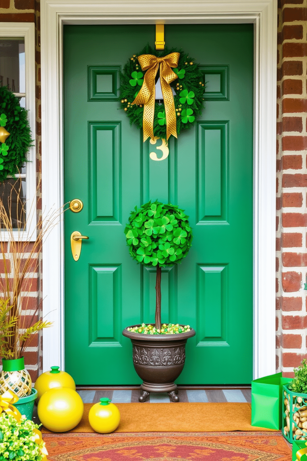 A charming front door adorned for St. Patrick's Day features a vibrant shamrock topiary, elegantly placed in a decorative pot. Surrounding the entrance, cheerful green and gold accents enhance the festive atmosphere, with a welcoming wreath embellished with clovers and ribbons hanging prominently.