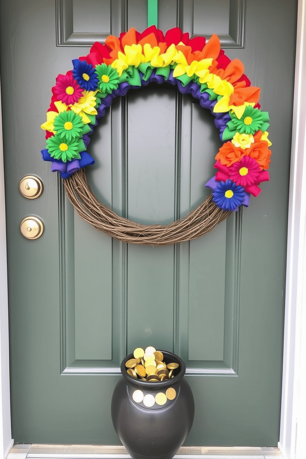 A vibrant front door adorned with a festive wreath featuring a rainbow made of colorful fabric and faux flowers. Below the wreath, a charming pot of gold filled with shiny gold coins sits on the doorstep, inviting a cheerful St. Patrick's Day spirit.