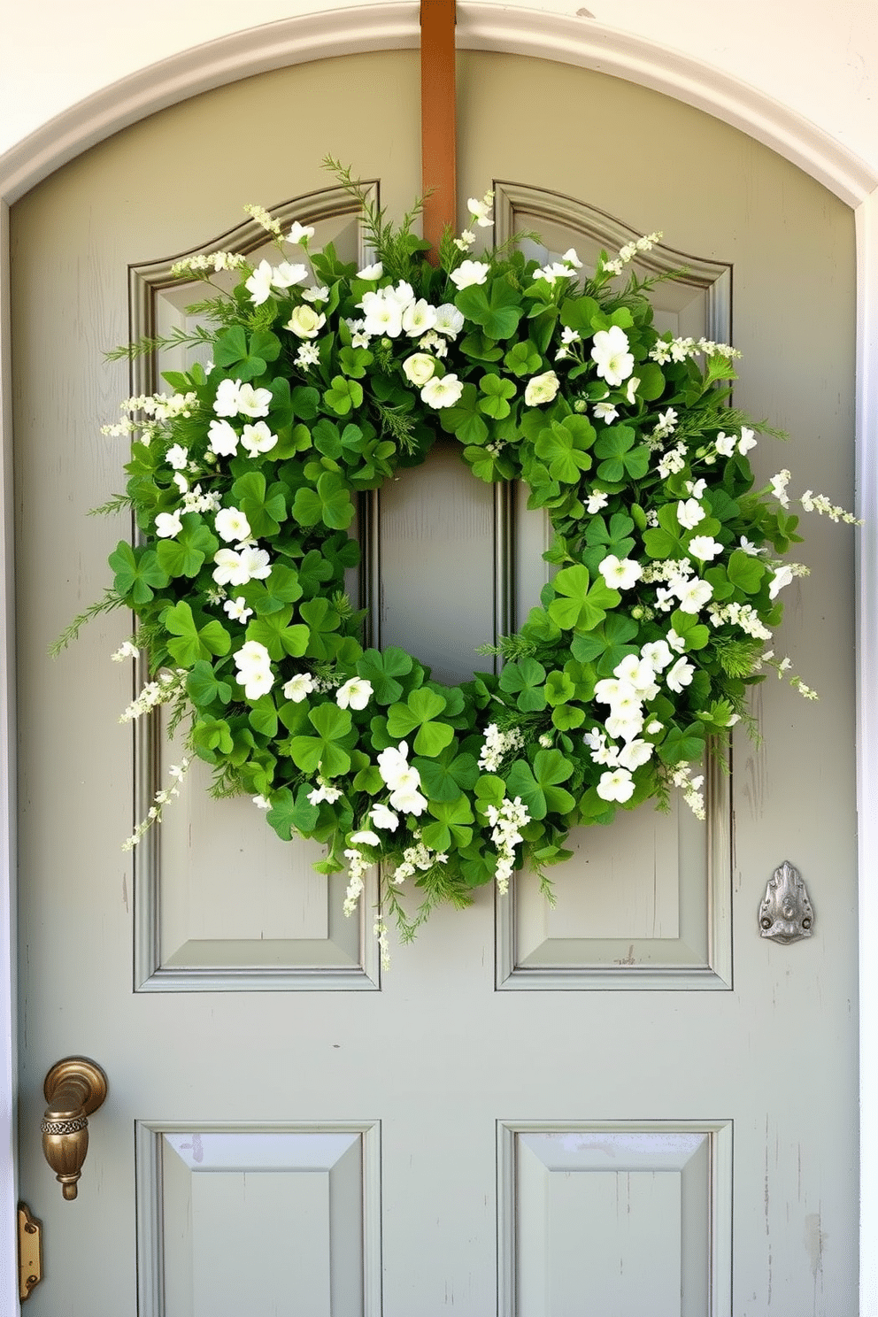 A charming front door adorned with a lush green floral wreath, featuring a mix of vibrant shamrocks and delicate white blossoms. The wreath is complemented by a rustic wooden door, painted in a soft pastel shade, welcoming guests with a festive St. Patrick's Day spirit.