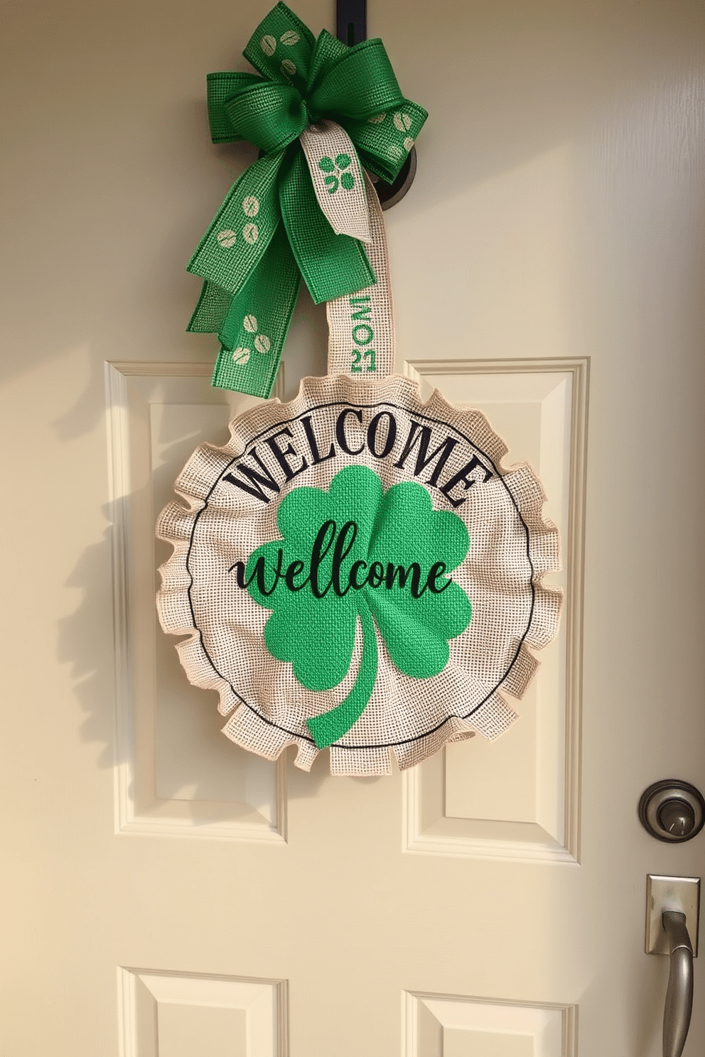 A charming front door adorned with a clover and burlap door hanger, welcoming guests with a festive touch for St. Patrick's Day. The hanger features a vibrant green clover design, beautifully contrasted against the rustic texture of burlap, creating a warm and inviting entrance.