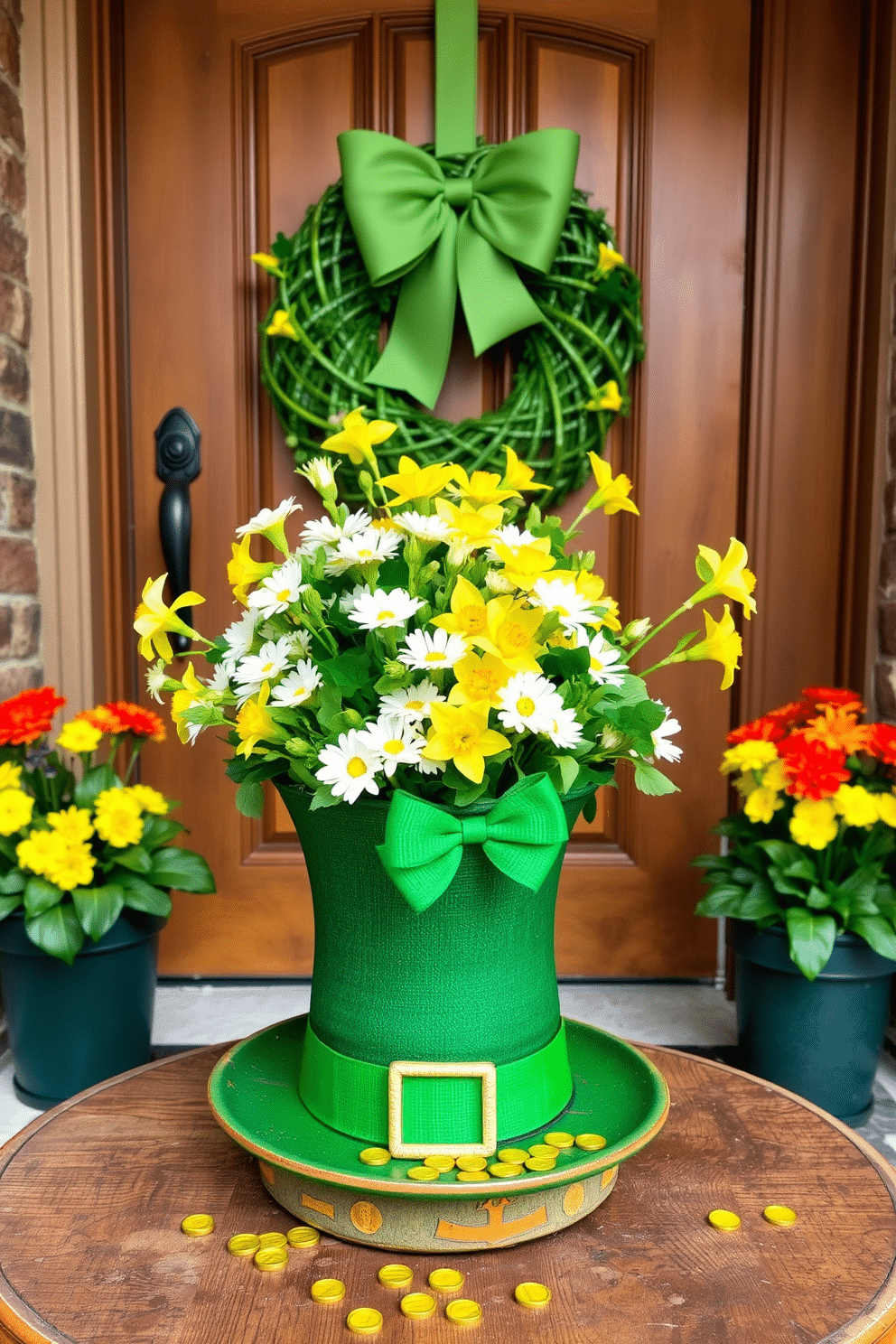 A whimsical leprechaun hat serves as a unique vase for a vibrant floral arrangement, overflowing with fresh green shamrocks, white daisies, and bright yellow daffodils. The hat is placed on a rustic wooden table, surrounded by small gold coins and festive decorations that evoke the spirit of St. Patrick's Day. The front door is adorned with a cheerful St. Patrick's Day wreath made of intertwined greenery and bright blooms, accented with a large green bow. Flanking the door are potted plants featuring vibrant flowers, creating an inviting entrance that celebrates the holiday's charm.