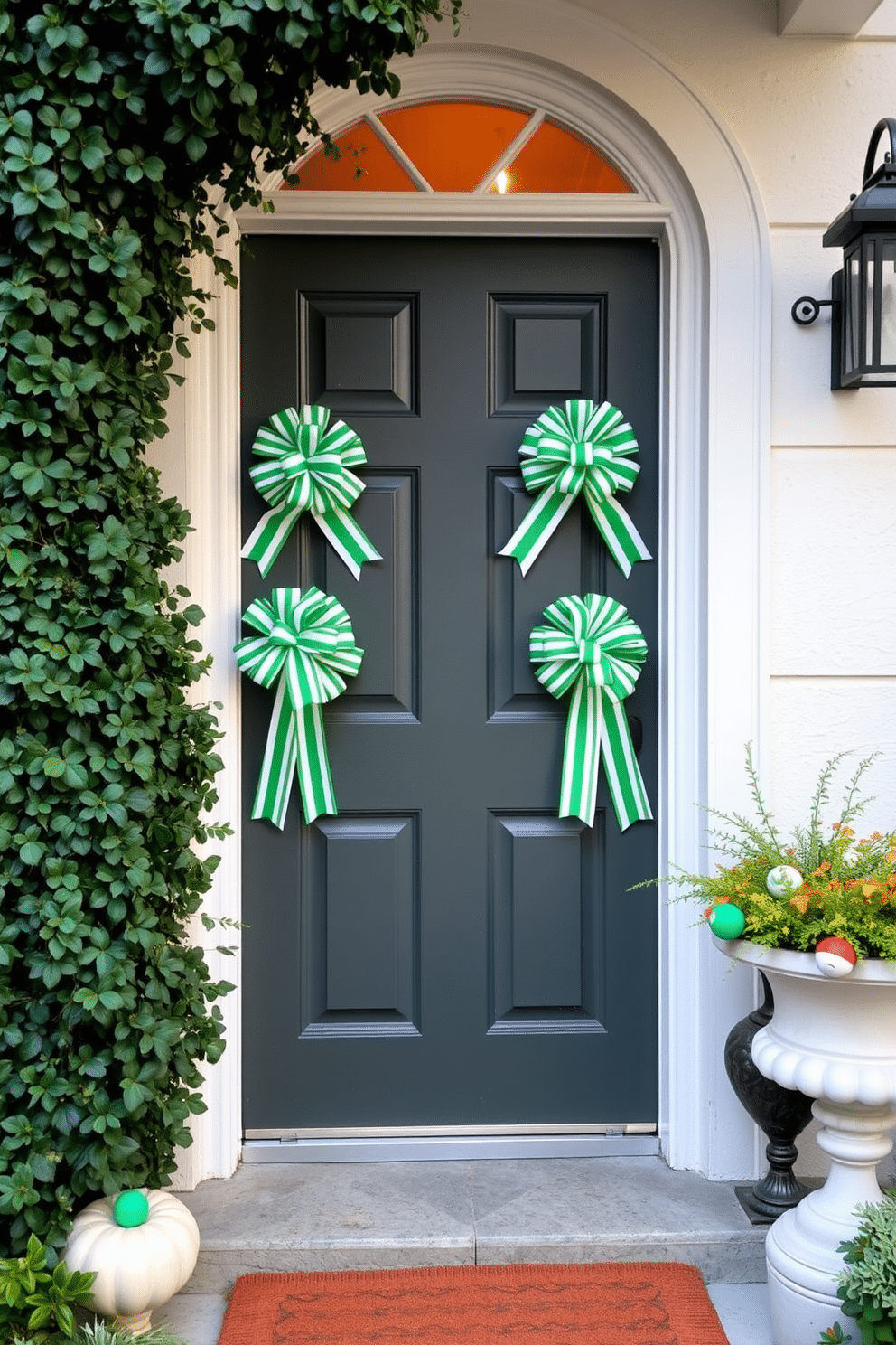 A charming front door adorned with green and white striped bows, perfect for celebrating St. Patrick's Day. The door is framed by lush greenery and seasonal decorations, creating a festive and inviting entrance.