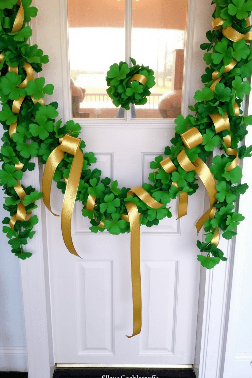 A festive front door adorned with a shamrock and ribbon garland creates a warm welcome for St. Patrick's Day. The vibrant green shamrocks are intertwined with shimmering gold ribbons, adding a touch of elegance to the entrance.