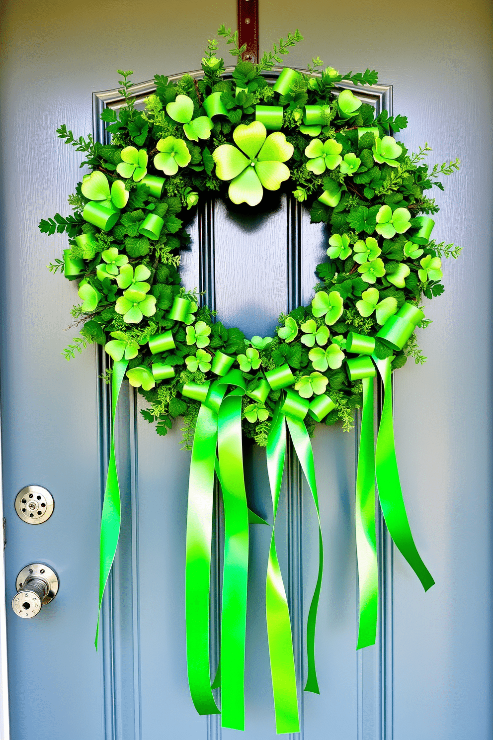 A charming front door adorned with a shamrock wreath, featuring lush green ribbons elegantly cascading down. The wreath is vibrant and inviting, perfectly capturing the spirit of St. Patrick's Day with its rich hues and traditional motifs.