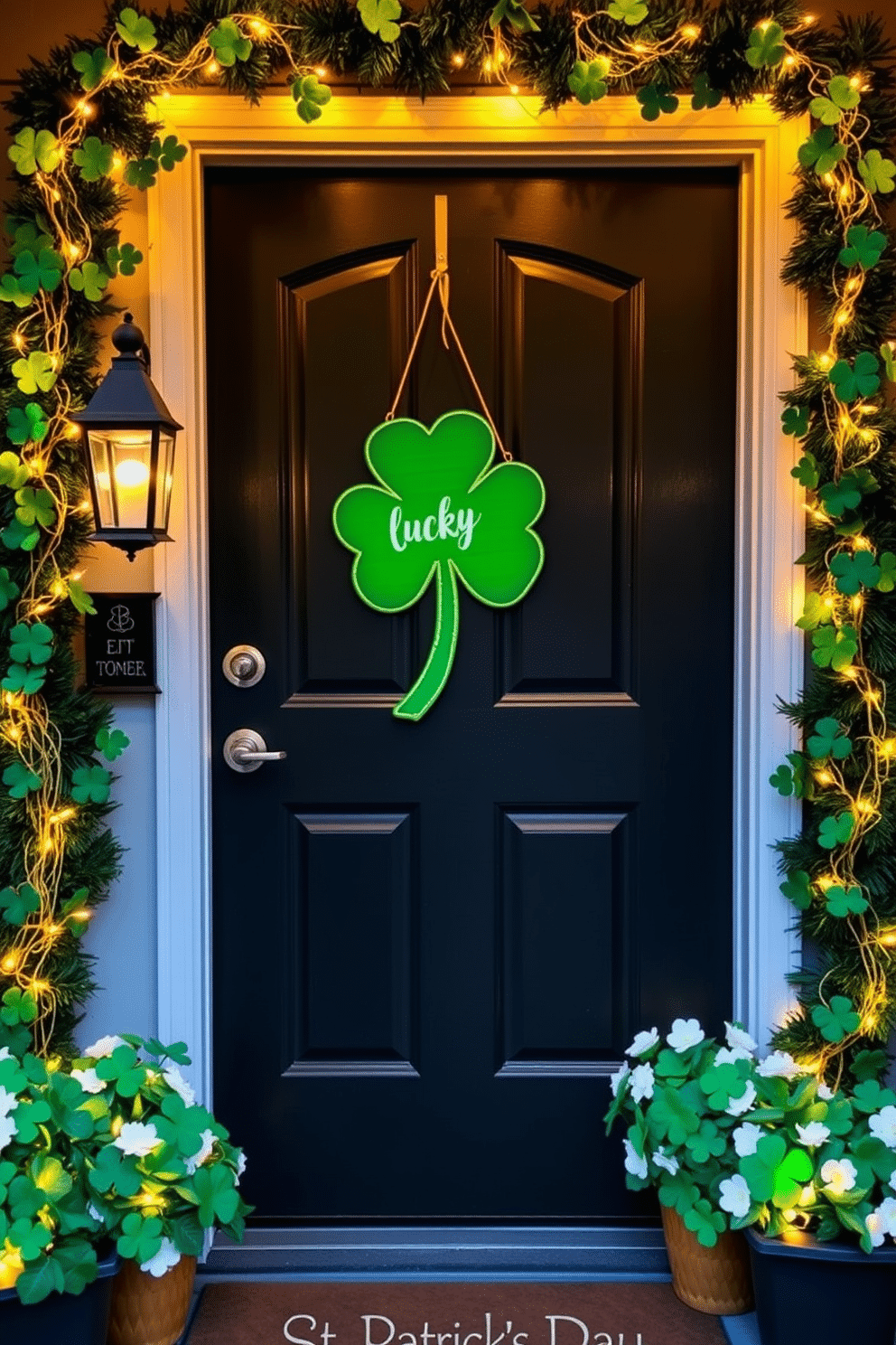 A charming front door adorned with a lucky clover sign, crafted from vibrant green materials, welcomes guests with a festive touch. Surrounding the door, seasonal decorations in shades of gold and white enhance the St. Patrick's Day theme, featuring garlands of faux clovers and twinkling fairy lights.