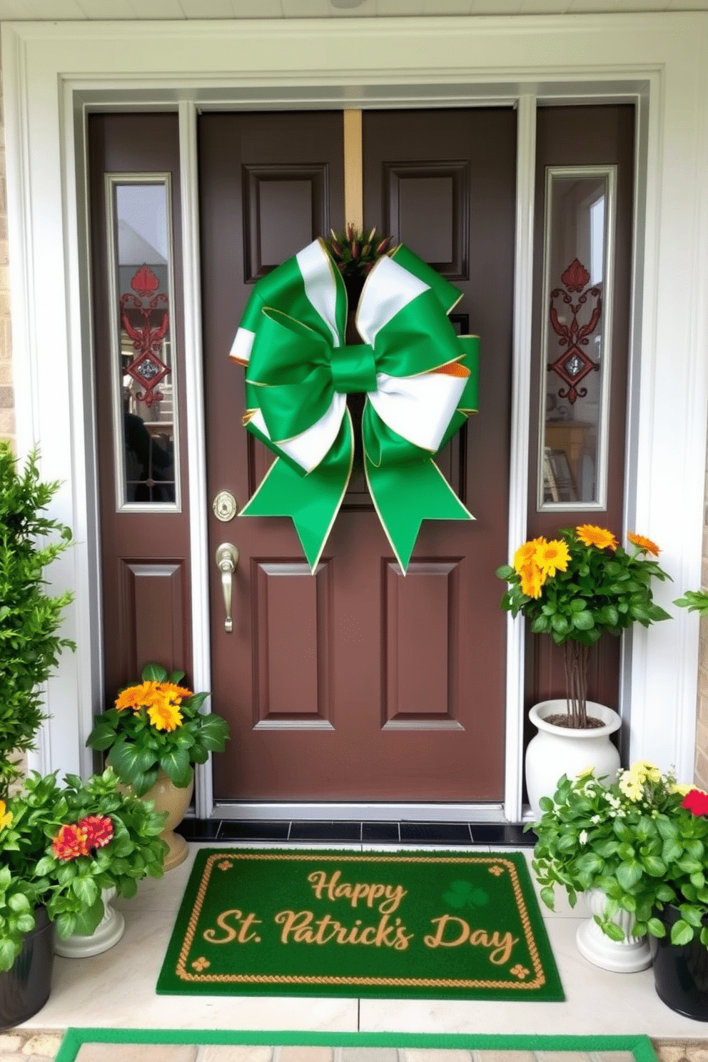 A charming front door adorned with a large Irish flag bow, featuring vibrant green, white, and orange hues that celebrate St. Patrick's Day. Flanking the door, potted plants with lush greenery and seasonal flowers add a festive touch, while a welcome mat with a cheerful St. Patrick's Day greeting invites guests inside.