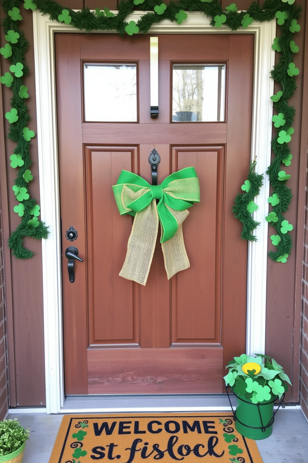 A charming front door adorned for St. Patrick's Day features a vibrant green burlap bow, elegantly tied and positioned at the center of a rustic wooden door. Surrounding the bow, cheerful decorations include shamrock garlands and a welcome mat with festive motifs, creating a warm and inviting atmosphere for guests.