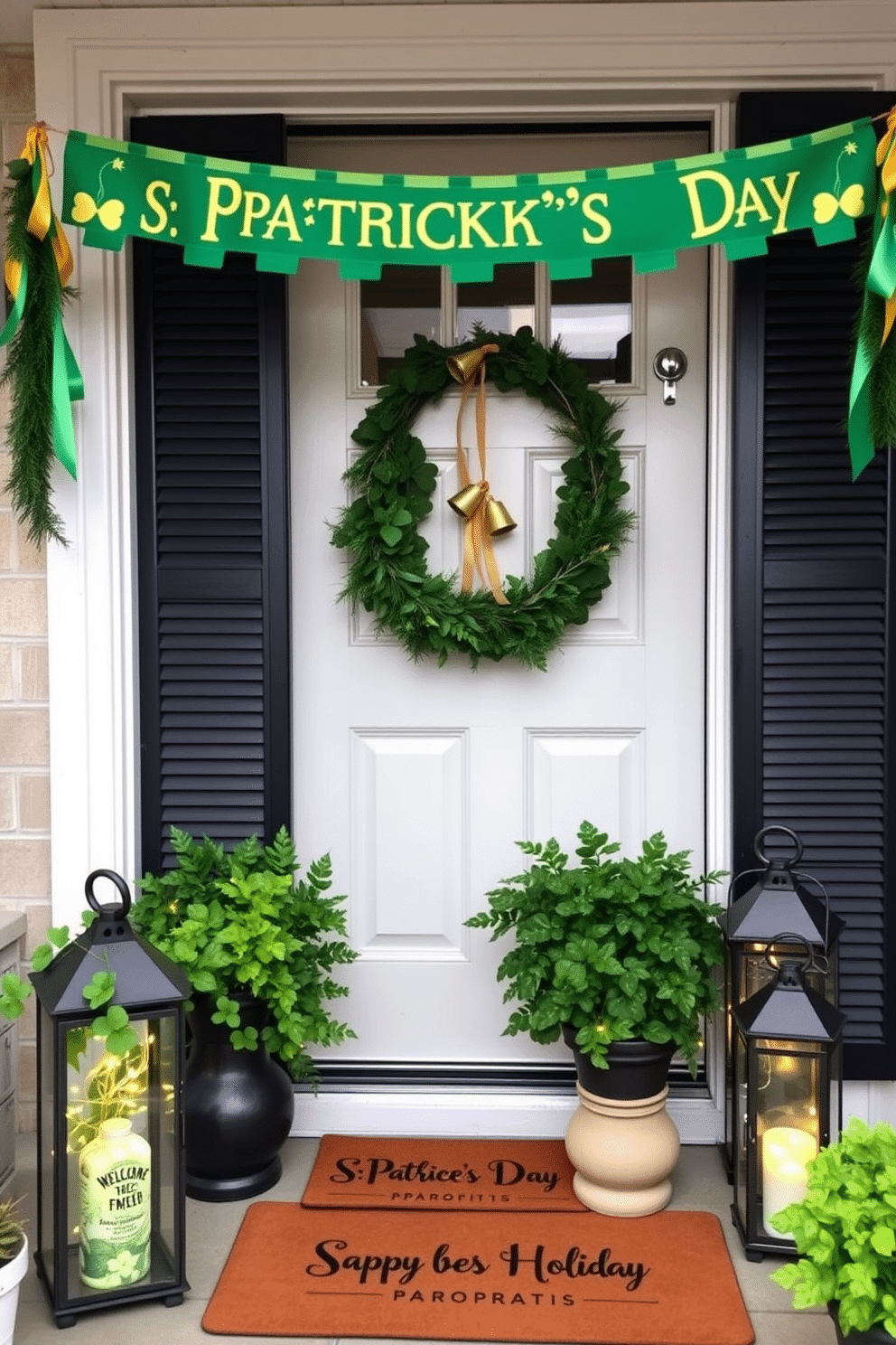 A festive St. Patrick's Day banner hangs cheerfully across the front door, crafted from green and gold materials with shamrock motifs. The door is adorned with a whimsical wreath made of fresh greenery and accented with small golden bells and ribbons. For decorating ideas, the front porch features potted plants with vibrant green foliage, alongside lanterns filled with fairy lights. A welcome mat with a playful St. Patrick's Day message invites guests to celebrate the holiday.