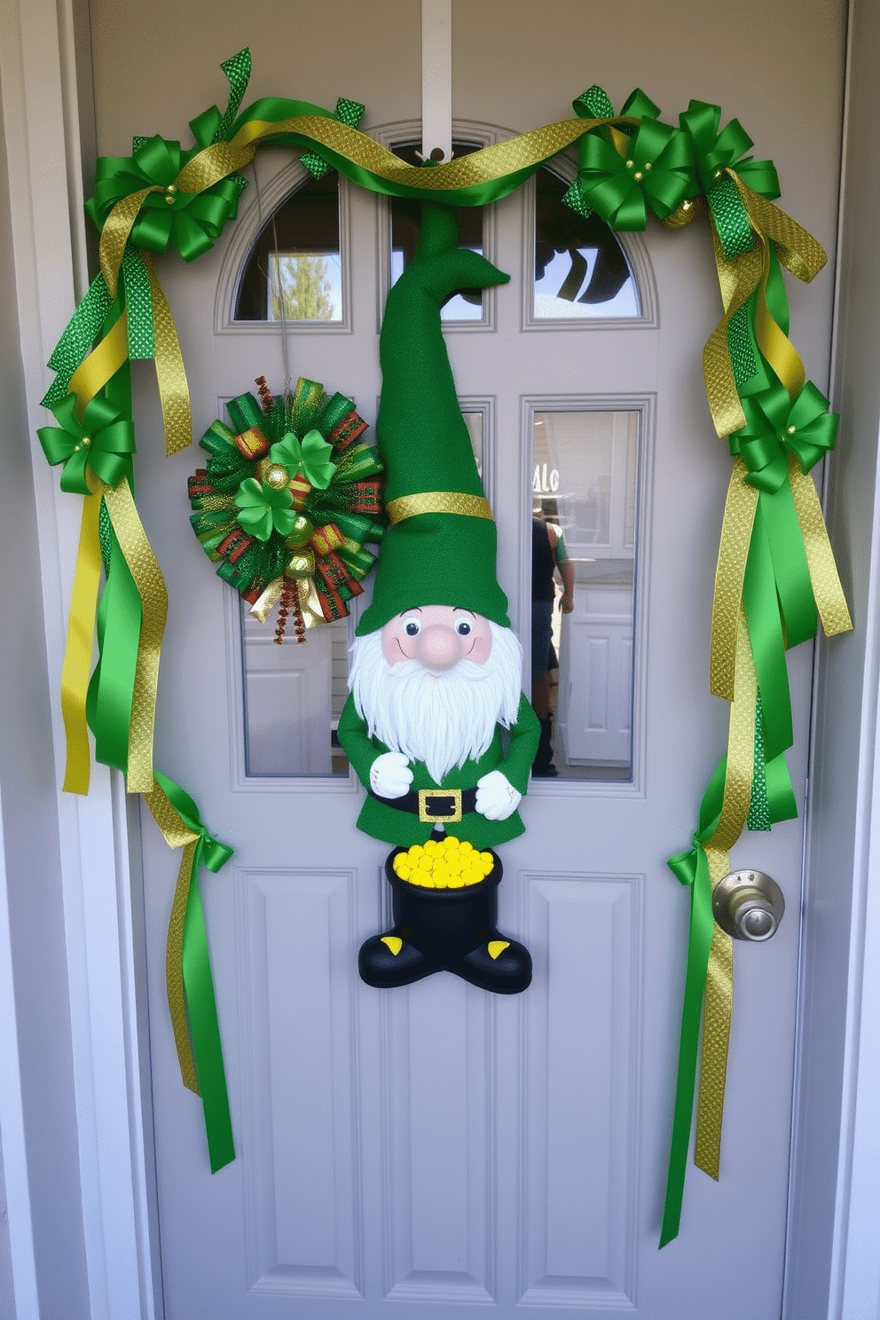 A whimsical front door adorned with a leprechaun gnome decoration, featuring vibrant green and gold accents. The gnome stands next to a small pot of gold, with shamrocks and festive ribbons framing the entrance, creating a cheerful St. Patrick's Day welcome.