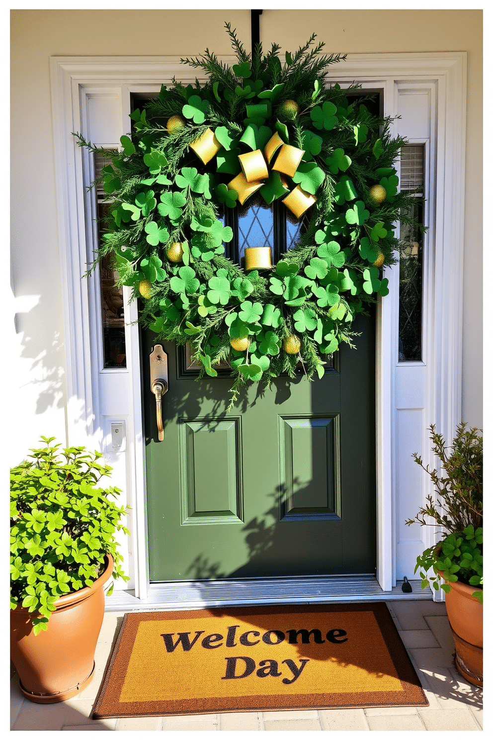 A festive front door adorned with a lush green and gold door swag, featuring vibrant shamrocks and delicate gold accents that shimmer in the sunlight. The entrance is enhanced with a cheerful welcome mat and potted plants on either side, creating an inviting atmosphere for St. Patrick's Day celebrations.