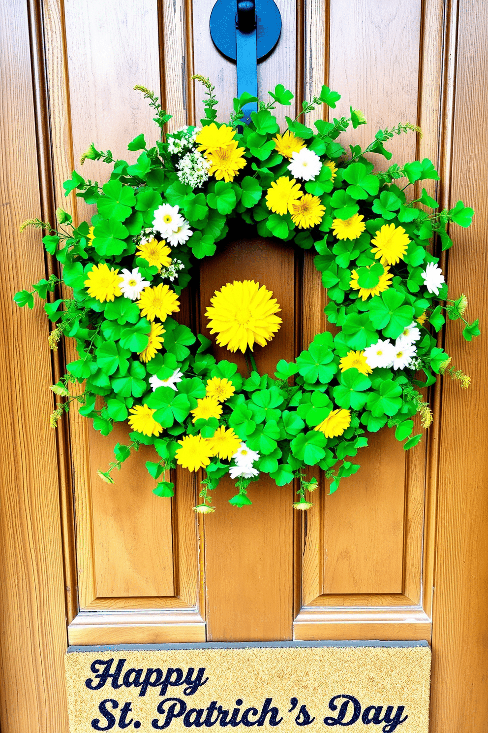 A charming front door adorned with a vibrant shamrock and flower wreath, featuring lush green shamrocks interspersed with cheerful yellow and white blooms. The wreath is beautifully arranged on a rustic wooden door, complemented by a welcoming doormat that reads 