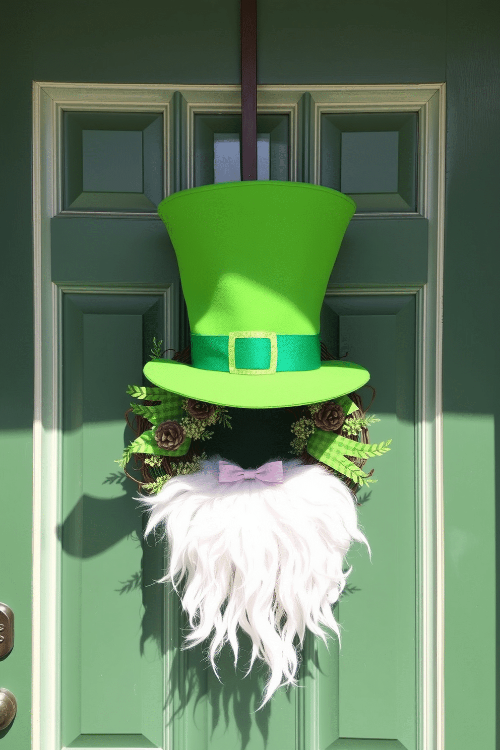 A charming front door adorned for St. Patrick's Day features a vibrant green leprechaun hat perched atop a decorative wreath. Below the hat, a fluffy white beard cascades down, adding a whimsical touch to the festive decor.