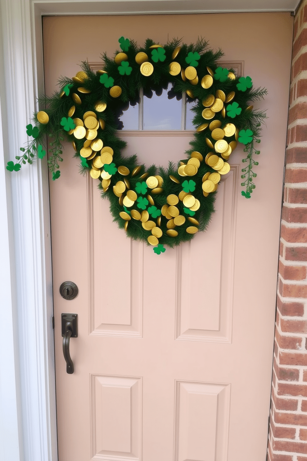 A festive front door adorned with a gold coin garland, draping elegantly across the top. The garland is interspersed with shamrock accents, creating a vibrant welcome for St. Patrick's Day.