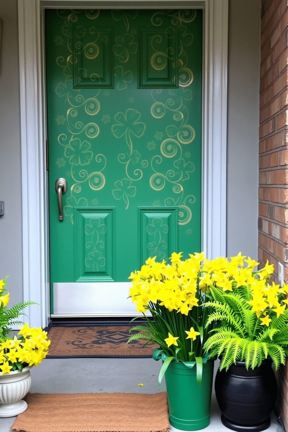 A festive front door adorned for St. Patrick's Day, featuring a vibrant green door wrap with intricate shamrock patterns and gold accents. Flanking the door are potted arrangements of bright yellow daffodils and lush green ferns, creating a cheerful and welcoming atmosphere.