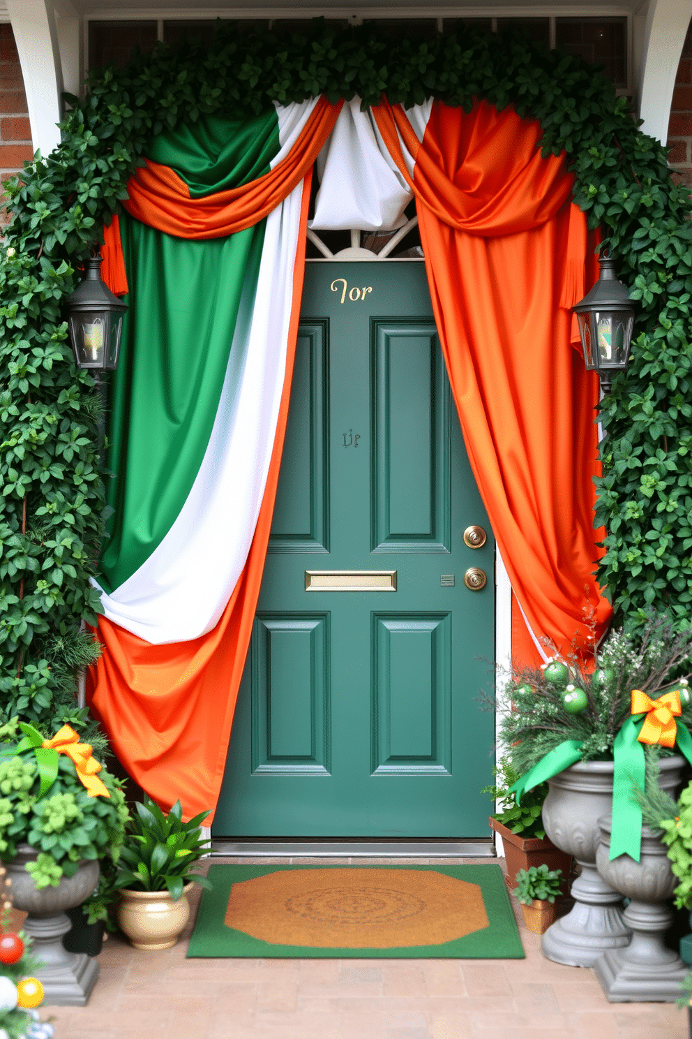 A charming front door adorned with a drape featuring the vibrant colors of the Irish flag. The door is framed by lush greenery and festive decorations, creating a warm and welcoming atmosphere for St. Patrick's Day celebrations.