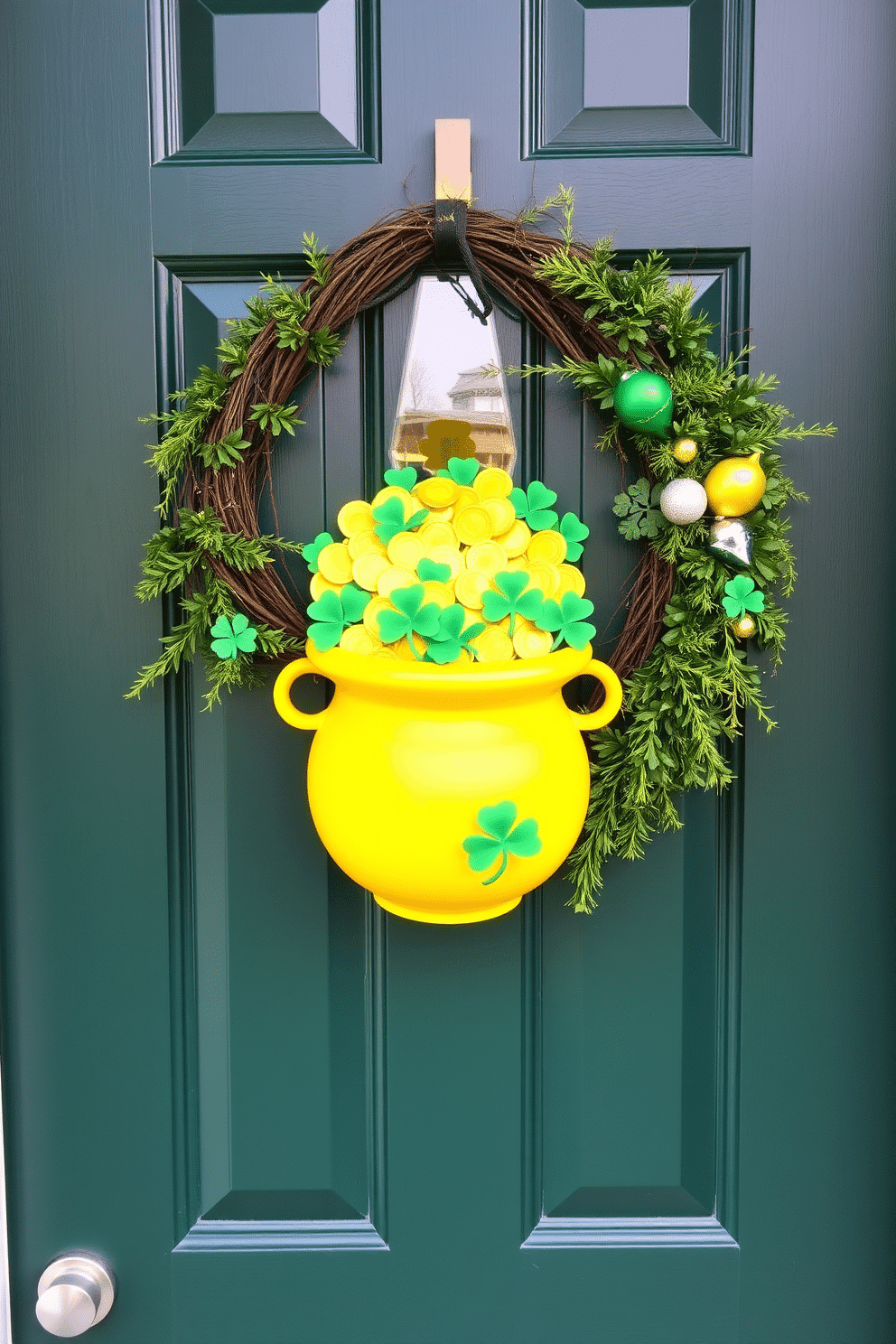 A charming front door adorned with a pot of gold decoration, featuring a vibrant yellow pot filled with faux gold coins and green shamrocks. The door is painted a rich forest green, complemented by a festive wreath made of fresh greenery and gold accents, welcoming guests with a touch of St. Patrick's Day cheer.