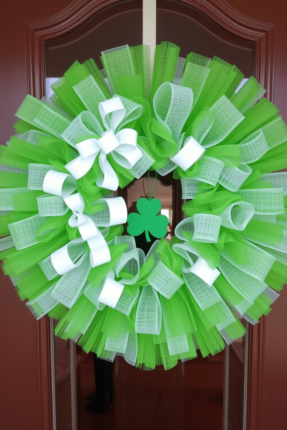 A vibrant green and white tulle wreath adorns the front door, welcoming guests with a festive touch for St. Patrick's Day. The wreath is intricately crafted, featuring layers of soft tulle in various shades of green, accented with white ribbons and small shamrock embellishments.