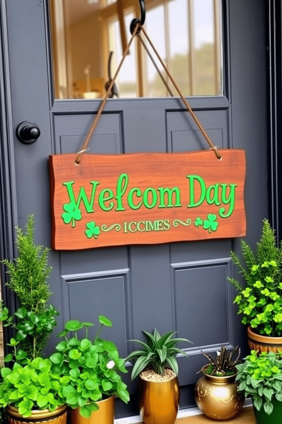 A charming St. Patrick's Day welcome sign hangs on the front door, crafted from rustic wood with vibrant green lettering and decorative shamrocks. Surrounding the door, cheerful arrangements of potted green plants and gold accents create a festive atmosphere, inviting guests to celebrate the holiday.