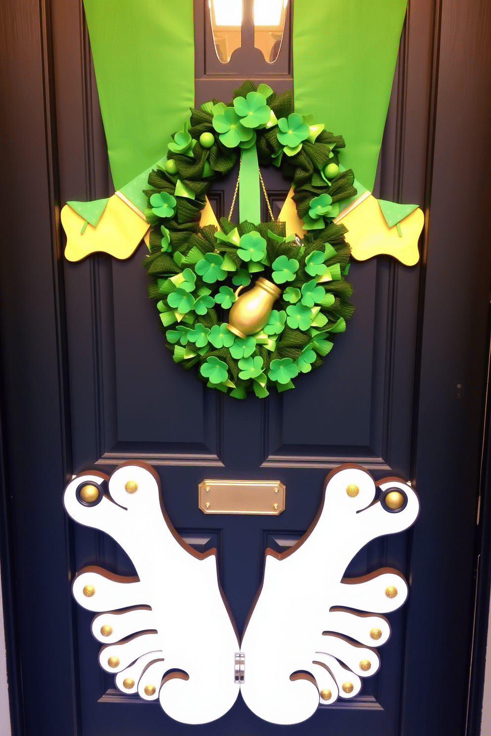 A whimsical front door decorated with leprechaun feet, featuring vibrant green and gold accents. The door is adorned with a playful wreath made of shamrocks and miniature pots of gold, inviting festive cheer for St. Patrick's Day.