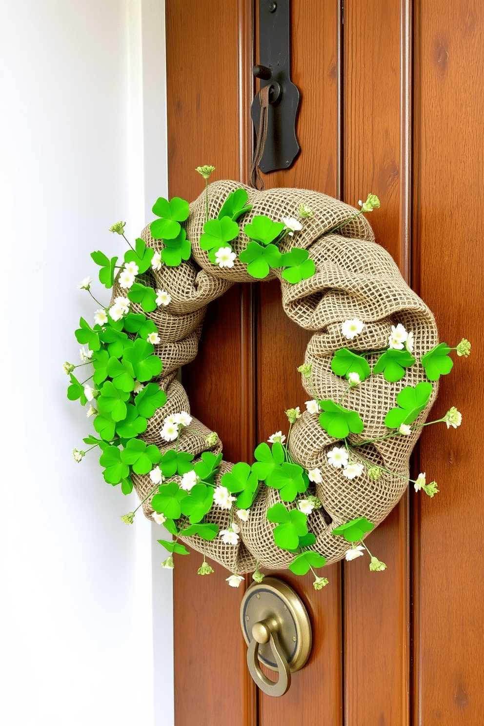 A charming front door adorned with a burlap shamrock wreath, featuring vibrant green shamrocks and delicate white flowers intertwined. The wreath is complemented by a rustic wooden door with a brass knocker, welcoming guests with a festive St. Patrick's Day spirit.