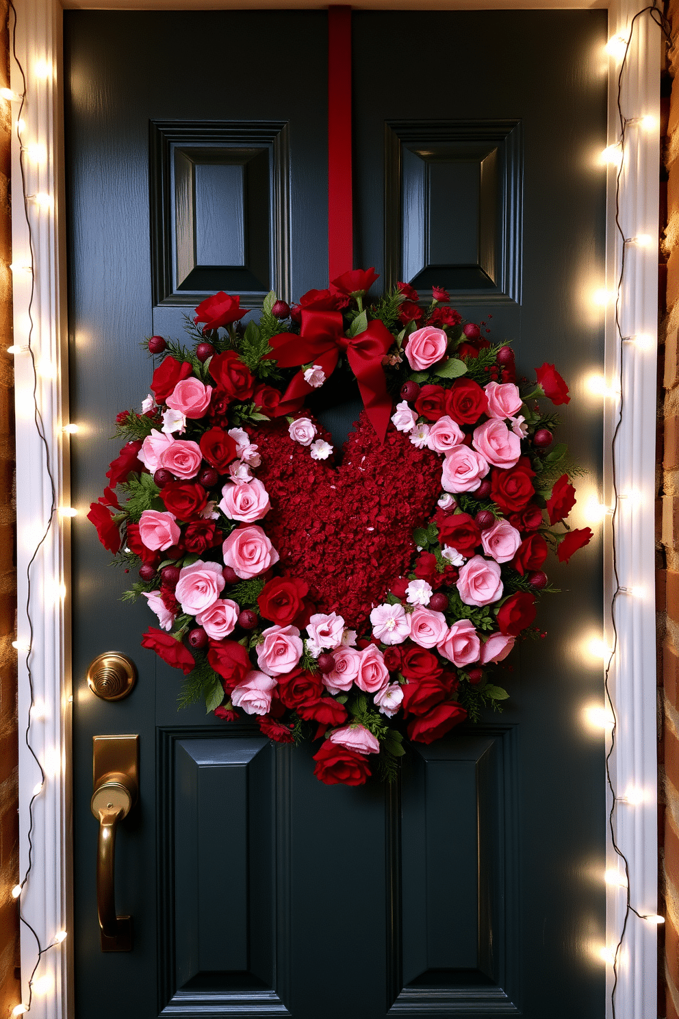 A charming front door adorned with a lush red and pink heart wreath, intricately crafted with a mix of faux flowers and greenery. Surrounding the door, soft white fairy lights twinkle gently, enhancing the festive Valentine's Day atmosphere.