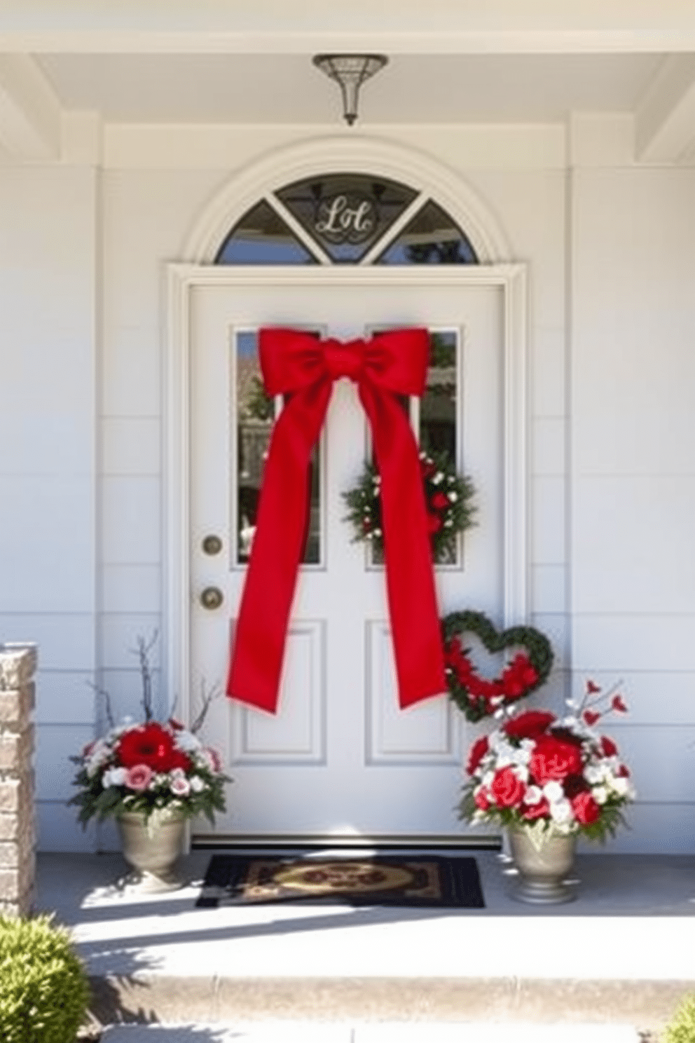 A charming front door adorned with a vibrant red ribbon bow, creating a welcoming atmosphere for Valentine's Day. The door is painted a crisp white, contrasting beautifully with the rich red of the bow, while seasonal decorations like heart-shaped wreaths and potted flowers flank the entrance.