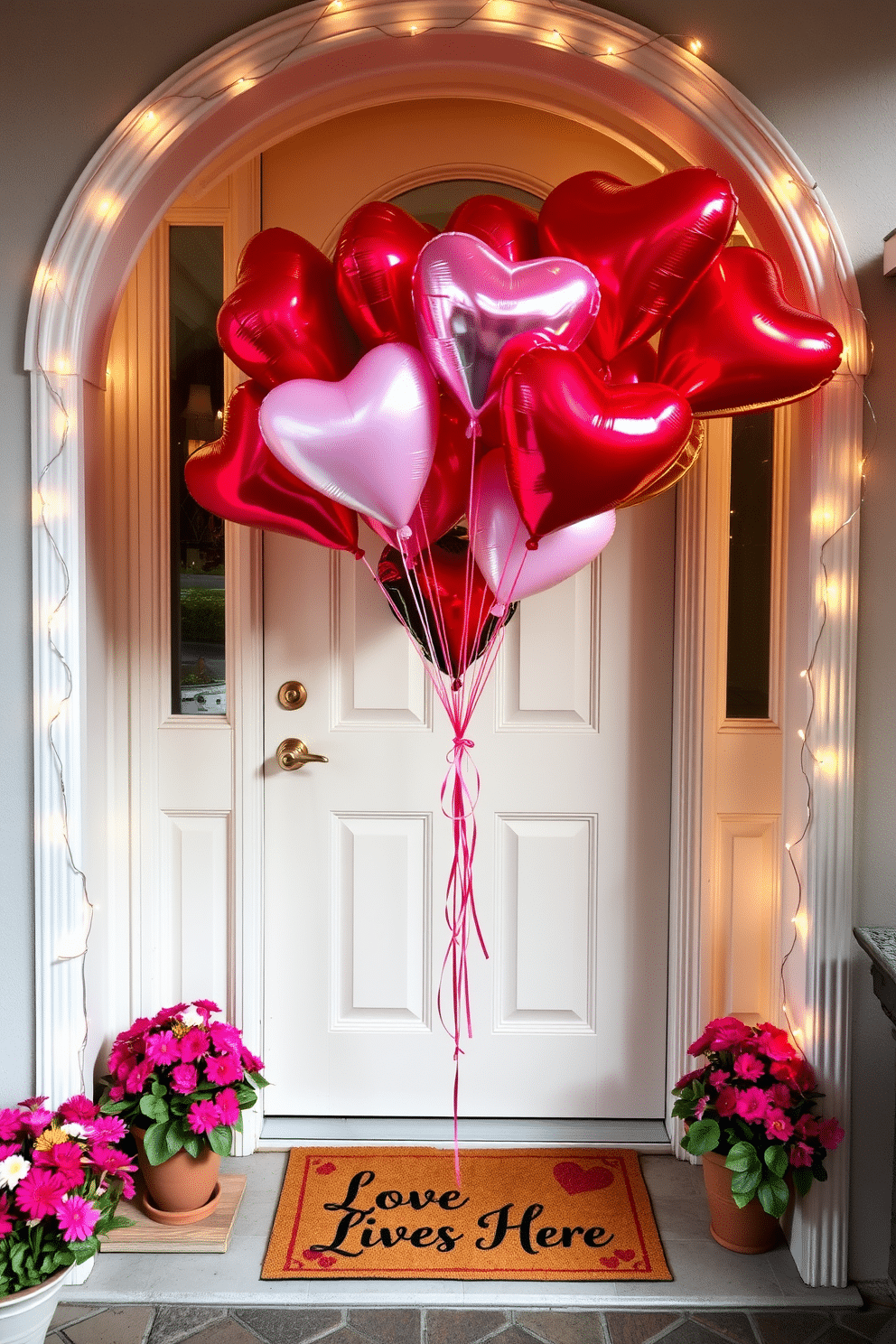 A charming front door adorned with a heart-shaped balloon bouquet, creating a warm and inviting atmosphere for Valentine's Day. The balloons are a mix of red, pink, and white, floating gracefully above a welcome mat that reads 