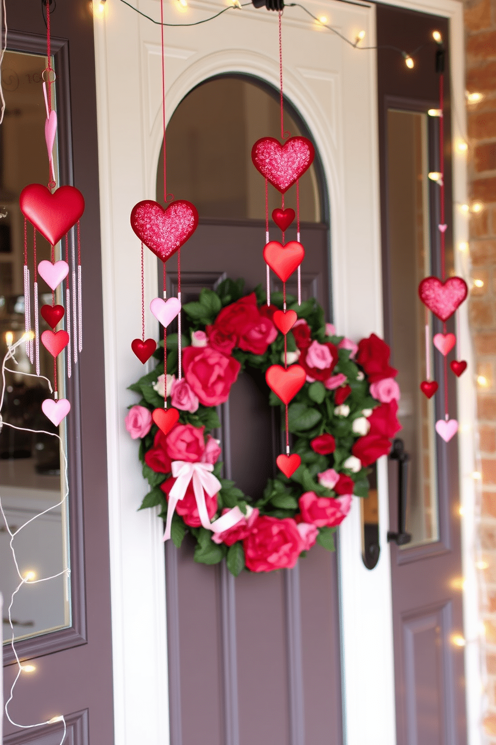 A charming front door adorned with Valentine's themed wind chimes, featuring heart-shaped designs in shades of red and pink. The wind chimes gently sway in the breeze, creating a melodic sound that welcomes guests with a festive spirit. Surrounding the door, a vibrant wreath made of faux roses and delicate ribbons adds a romantic touch. Soft, twinkling fairy lights wrap around the doorframe, enhancing the warm and inviting atmosphere for Valentine's Day.