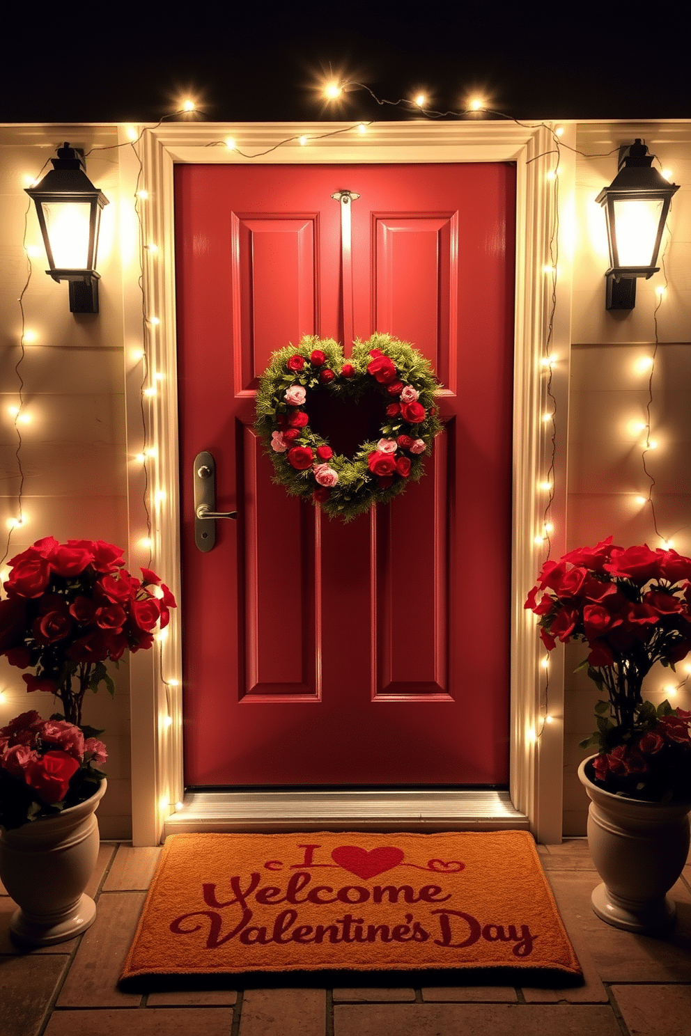 A charming front door adorned with romantic fairy lights creates an inviting atmosphere for Valentine's Day. The lights twinkle softly, framing the entrance and enhancing the warm glow of a heart-shaped wreath hung prominently on the door. Flanking the doorway, potted plants with vibrant red and pink flowers add a touch of natural beauty. A cozy welcome mat with a sweet Valentine's message completes the look, inviting guests to step inside and celebrate love.