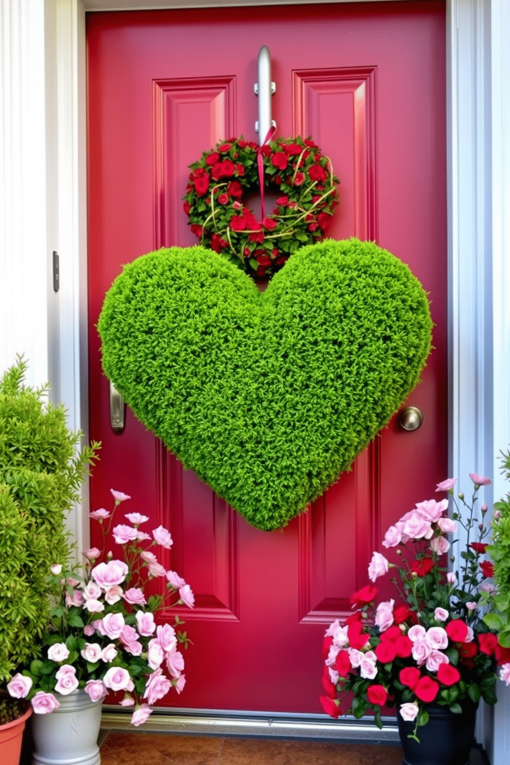 A charming front door adorned with a heart-shaped topiary, perfectly trimmed and vibrant green, welcomes guests with a touch of romance. Surrounding the door, delicate pink and red floral arrangements complement the topiary, creating a festive Valentine's Day atmosphere.