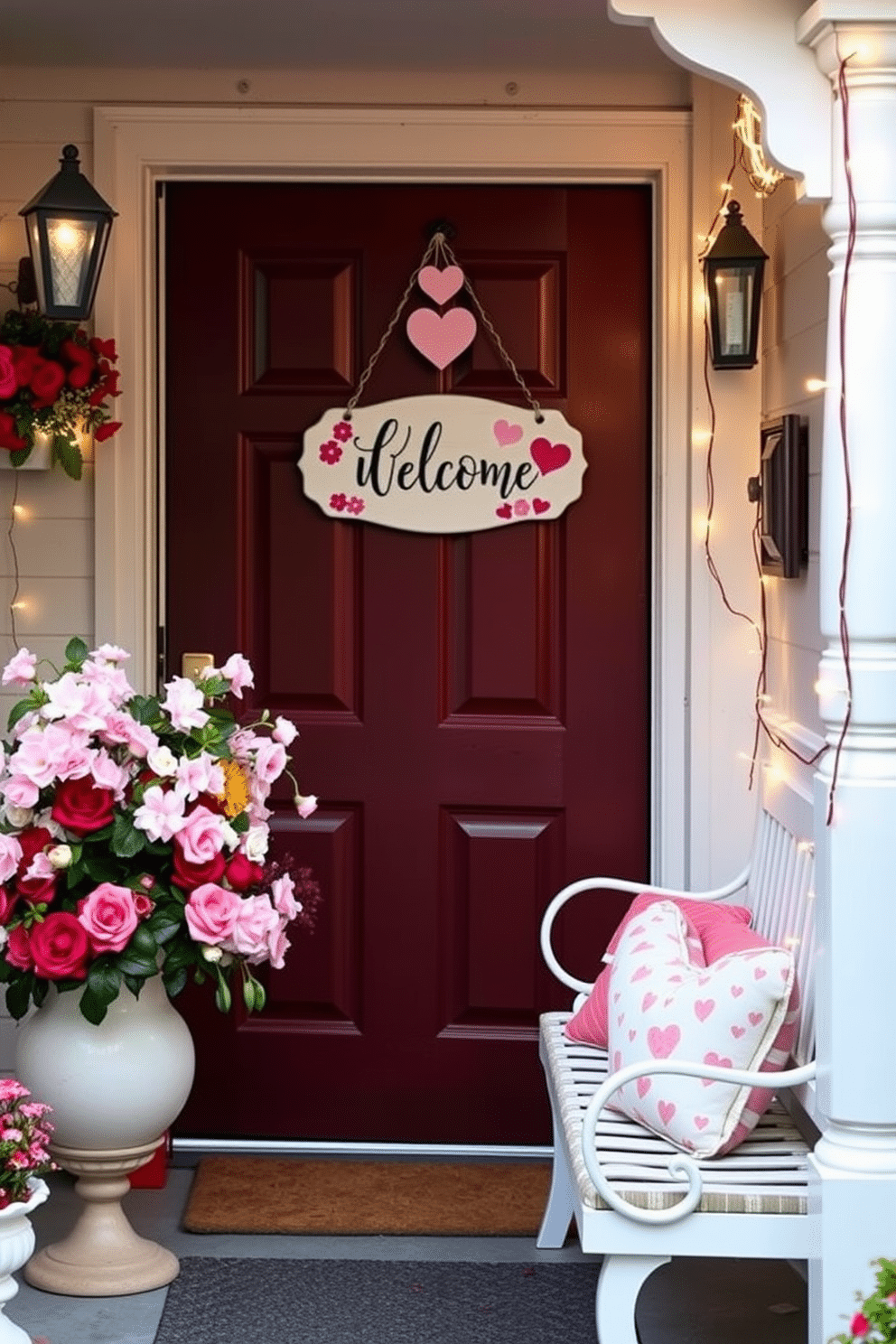 A charming love-themed welcome sign hangs on the front door, adorned with delicate heart motifs and soft pastel colors. Surrounding the sign, fresh flowers in shades of pink and red create a warm and inviting atmosphere for Valentine's Day. The front porch is decorated with twinkling fairy lights that drape gracefully along the railing, adding a magical touch to the entrance. A cozy bench, accented with heart-patterned cushions, invites guests to sit and enjoy the romantic ambiance.