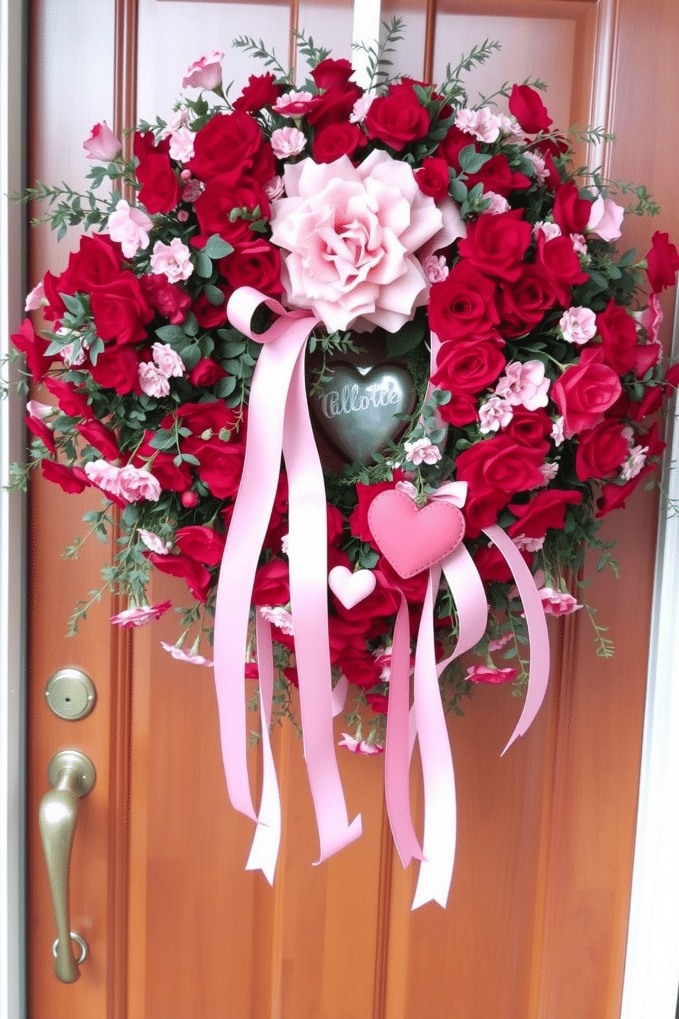 A charming Valentine's Day door swag, adorned with lush red and pink flowers, intertwines with delicate greenery. Heart-shaped accents and ribbons in soft pastels dangle gracefully, inviting warmth and love to your entrance.