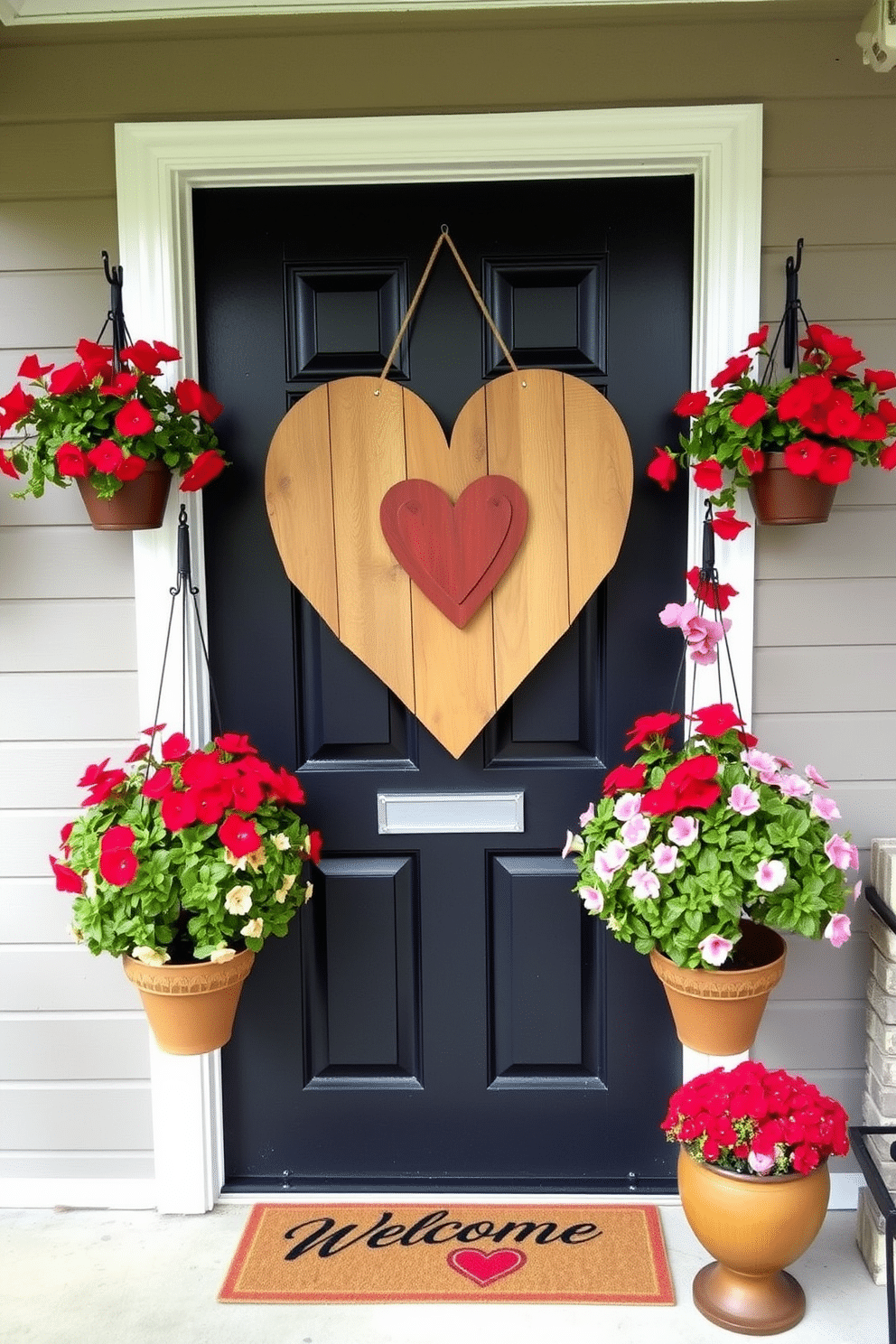 A charming front door adorned with a rustic wooden heart, crafted from reclaimed wood, hangs prominently at the center. Surrounding the door, vibrant red and pink flowers in hanging planters add a cheerful touch, while a welcome mat with a heart motif invites guests inside.