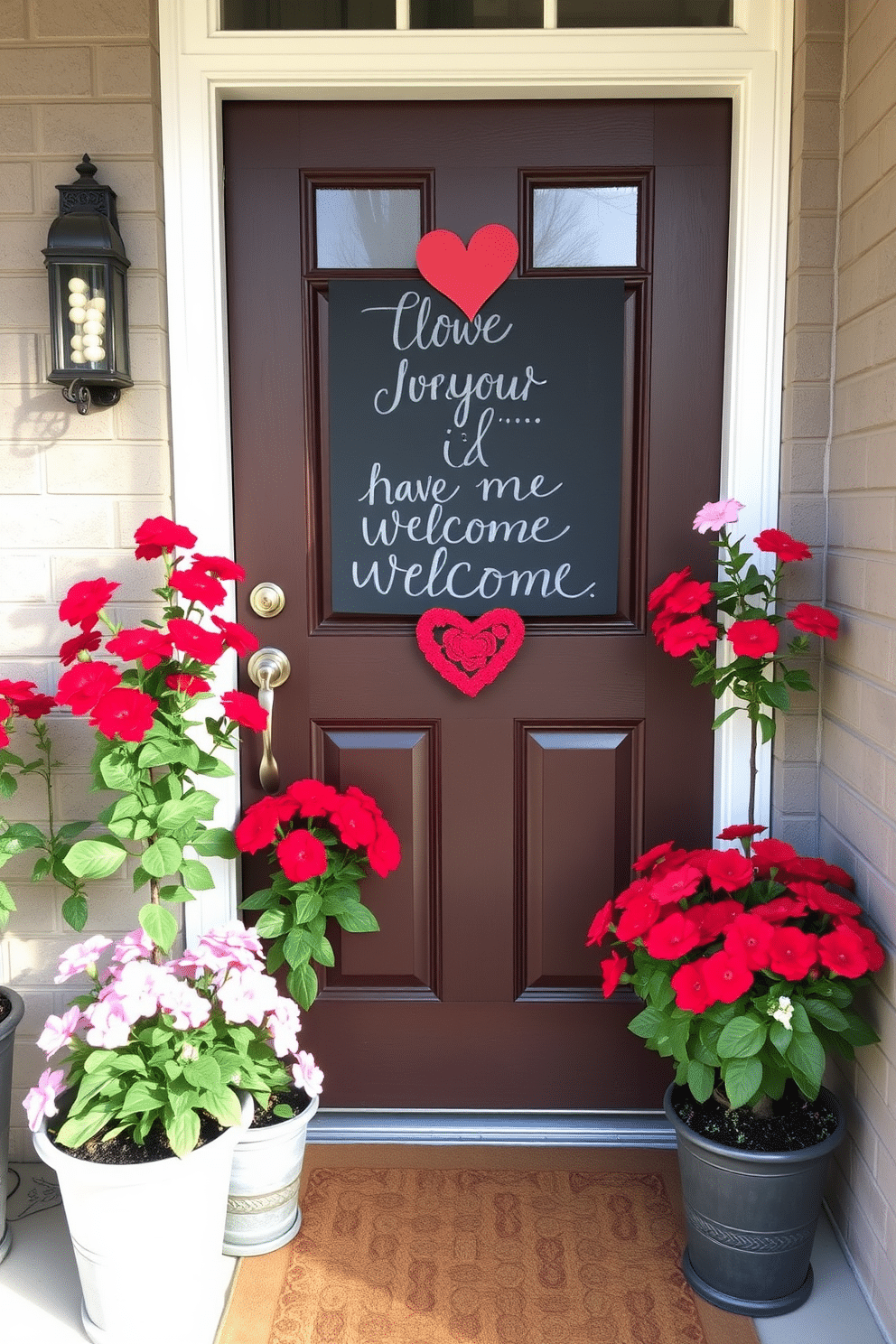 A charming front door adorned with a love quote chalkboard, welcoming guests with a heartfelt message. Surrounding the door are vibrant red and pink flowers in decorative pots, creating a festive atmosphere for Valentine's Day.