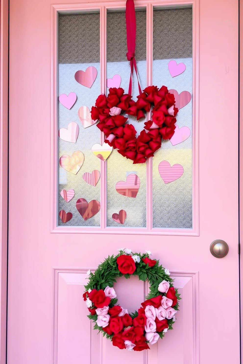 A charming front door adorned with heart-shaped window clings, creating a warm and inviting atmosphere for Valentine's Day. The door is painted in a soft pastel hue, complemented by a festive wreath made of vibrant red and pink flowers, enhancing the romantic theme.