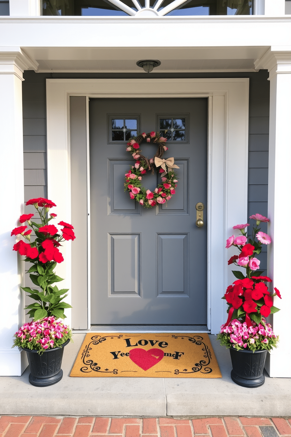 A charming front door adorned with a love-themed doormat that welcomes guests with a heartwarming message. Flanking the entrance are potted red and pink flowers, adding a vibrant touch to the Valentine's Day decor.