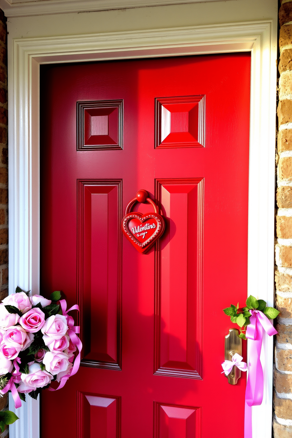 A charming front door adorned with a Valentine's themed door knocker in the shape of a heart, painted in a vibrant red hue. Surrounding the door, festive decorations include a wreath made of faux roses and pink ribbons, enhancing the romantic ambiance of the entryway.